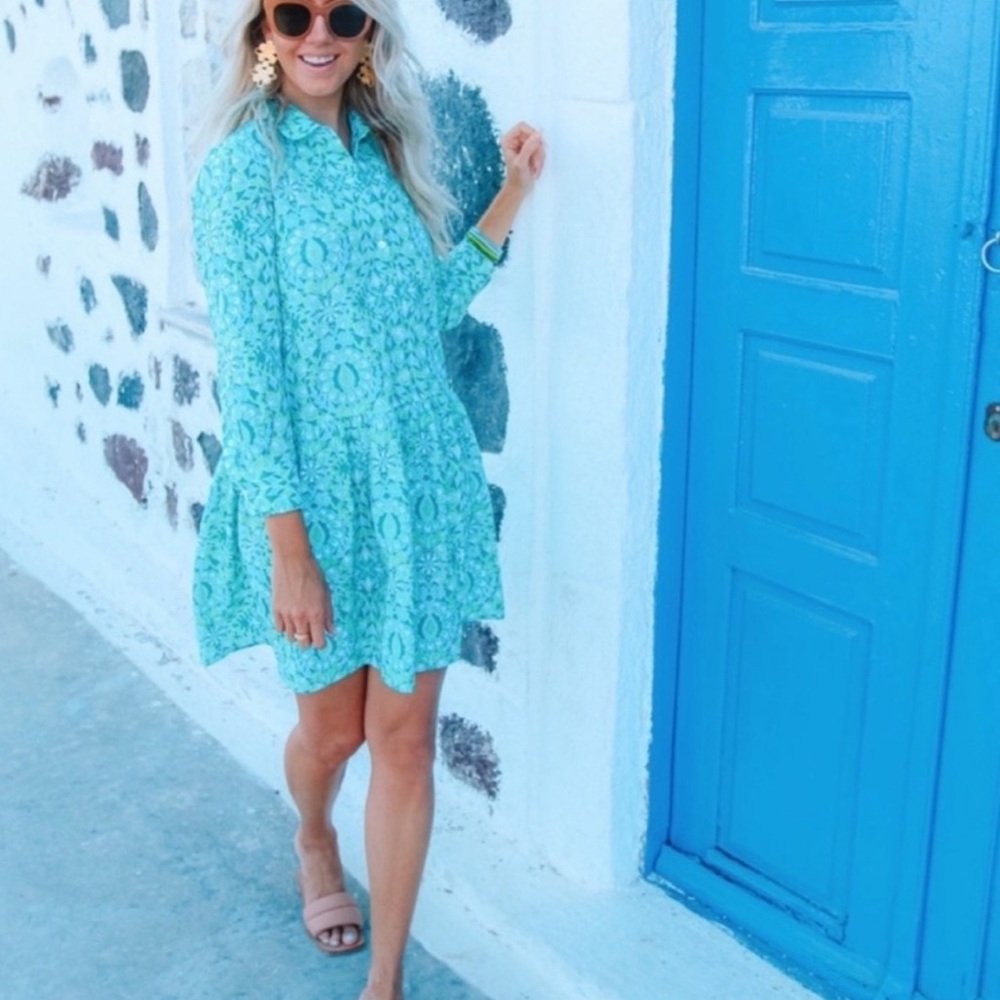 Tuckernuck Mykonos Hayes Green Mix Button Front Shirt Dress Ruffle Hem Medium